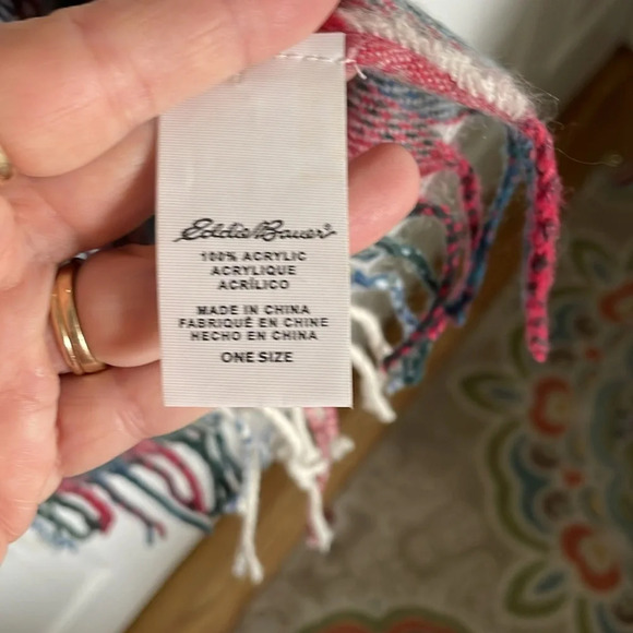 Eddie Bauer pink green blue cream plaid scarf. 86”long. 26.5” wide. Fringe. - Picture 3 of 7